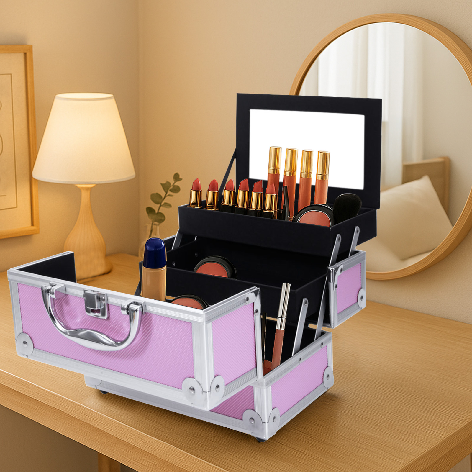 Travel Z - Pink Aluminum Alloy Makeup Case, Double